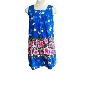 Ui-Maikai Vintage 70s Hawaiian Blue Floral Shift Sleeveless Muumuu Dress
